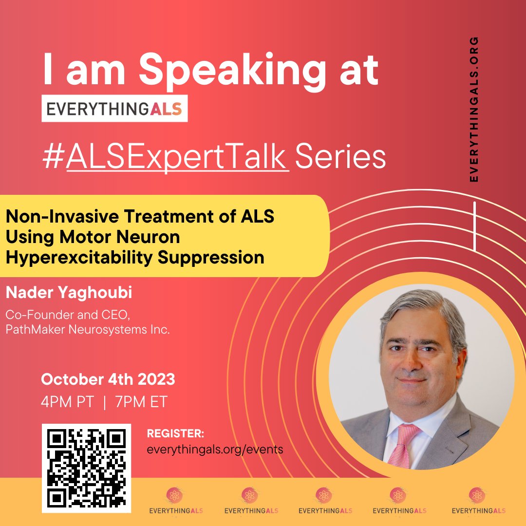 Our Co-Founder and CEO, Nader Yaghoubi, M.D., Ph.D., will be speaking at the next Expert ALS Talk with <a href="/everything_als/">EverythingALS</a> to present PathMaker's non-invasive motor neuron hyperexcitability suppression platform and its recently launched ALS trial. 

#ALSExpertTalks #ALS
