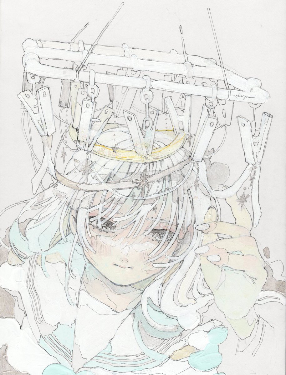 1girl solo halo white hair sailor collar traditional media upper body  illustration images