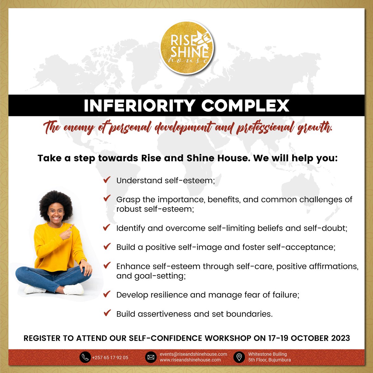 RiseandshineHo1's tweet photo. Inferiority complex, the enemy of personal development and professional growth. 

Our upcoming workshop will address this issue. 

Register today! 

#RiseWithUs https://t.co/Sap2Y4BBy7