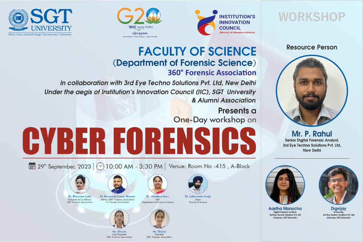 3ets_Forensics's tweet photo. 3rd Eye Techno Solutions delivered a One-Day Workshop on Cyber Forensics for students of the @SGTUniversity, Faculty of Science (Department of Forensic Science) on 29th Sept 2023.💡📚

#CyberForensics #Workshop #DigitalInvestigations #DFIR #Knowledge #OneDayWorkshop #Team #3ETS https://t.co/HbTkTJeaem