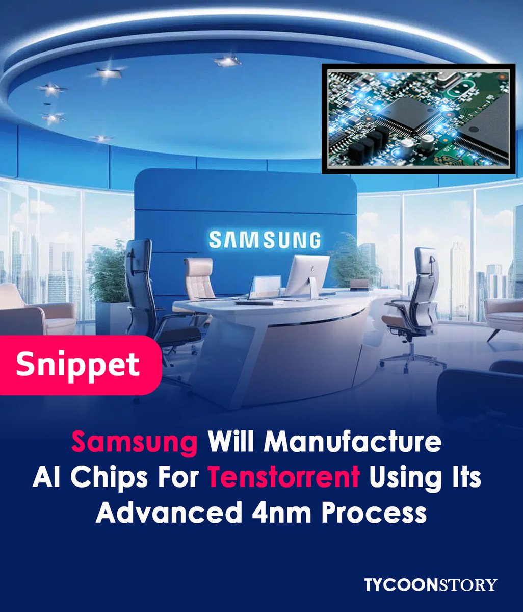 TycoonStoryCo's tweet image. Samsung to make AI chips for Tenstorrent using its cutting-edge 4nm process
#AIchip #AIProcessor #QuasarChip #TechnologyNews #CanadianStartup #DataCentres #startup #Automotive #JimKeller #HyundaiMotorCo #Innovation #TechIndustry #automotive @SamsungMobile @tenstorrent