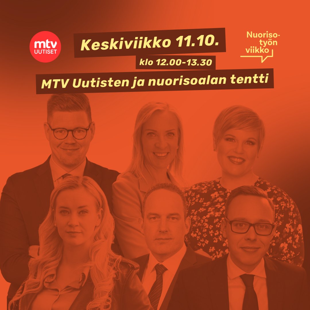 Ensi viikolla #Nuorisotyönviikko puoluejohtajatentissä nuorten hyvinvointiin vaikuttavasta politiikasta keskustelemassa puoluejohtajat <a href="/MatiasMarttinen/">Matias Marttinen 🇺🇦</a> <a href="/JaniMakelaFi/">Jani Mäkelä</a> <a href="/AnttiLindtman/">Antti Lindtman</a> <a href="/AnnikaSaarikko/">Annika Saarikko</a> <a href="/VirtaSofia/">Sofia Virta</a> <a href="/SandraBergq/">Sandra Bergqvist</a> – seuraa streamia MTV:n Katsomo-palvelusta!

<a href="/MTVUutiset/">MTV Uutiset</a>