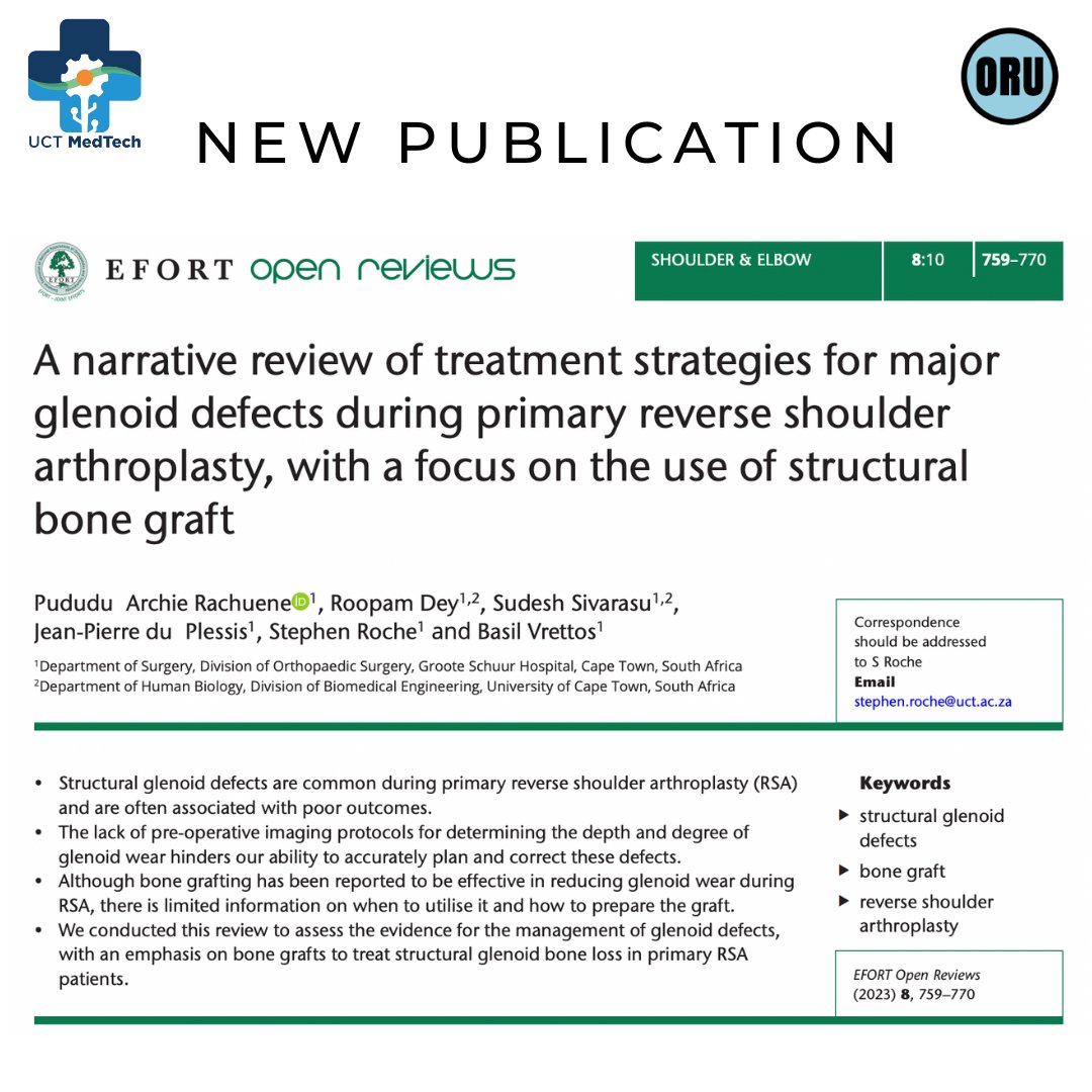 UCTMedTech's tweet photo. A journal article has just been published in EFORT Open Reviews that delves into the intricacies of treatment strategies for major glenoid defects during primary reverse shoulder arthroplasty (RSA).

Title: "A narrative review of treatment strategies for major glenoid defects during primary reverse shoulder arthroplasty, with a focus on the use of structural bone graft."

Authors: Pududu Archie Rachuene, Roopam Dey, Sudesh Sivarasu. Jean Pierre Du Plessis, Stephen Roche and Basil Vrettos

Abstract Highlights:
- Structural glenoid defects are frequently encountered during primary RSA and can result in sub-optimal outcomes.
- There's a notable lack of pre-op imaging protocols to determine the exact nature of glenoid wear.
- While bone grafting has shown promise in addressing glenoid wear during RSA, clarity is needed on its application and graft preparation.
- This review seeks to evaluate the current evidence on managing glenoid defects, spotlighting the role of bone grafts in primary RSA patients.

With advancements like these, we continue to push the frontiers of orthopaedic science and improve patient outcomes. A must-read for professionals in the field!

View the article here: https://t.co/dSzU7BWTLI

#Orthopedics #Research #EFORTOpenReviews #ShoulderArthroplasty #BoneGrafts