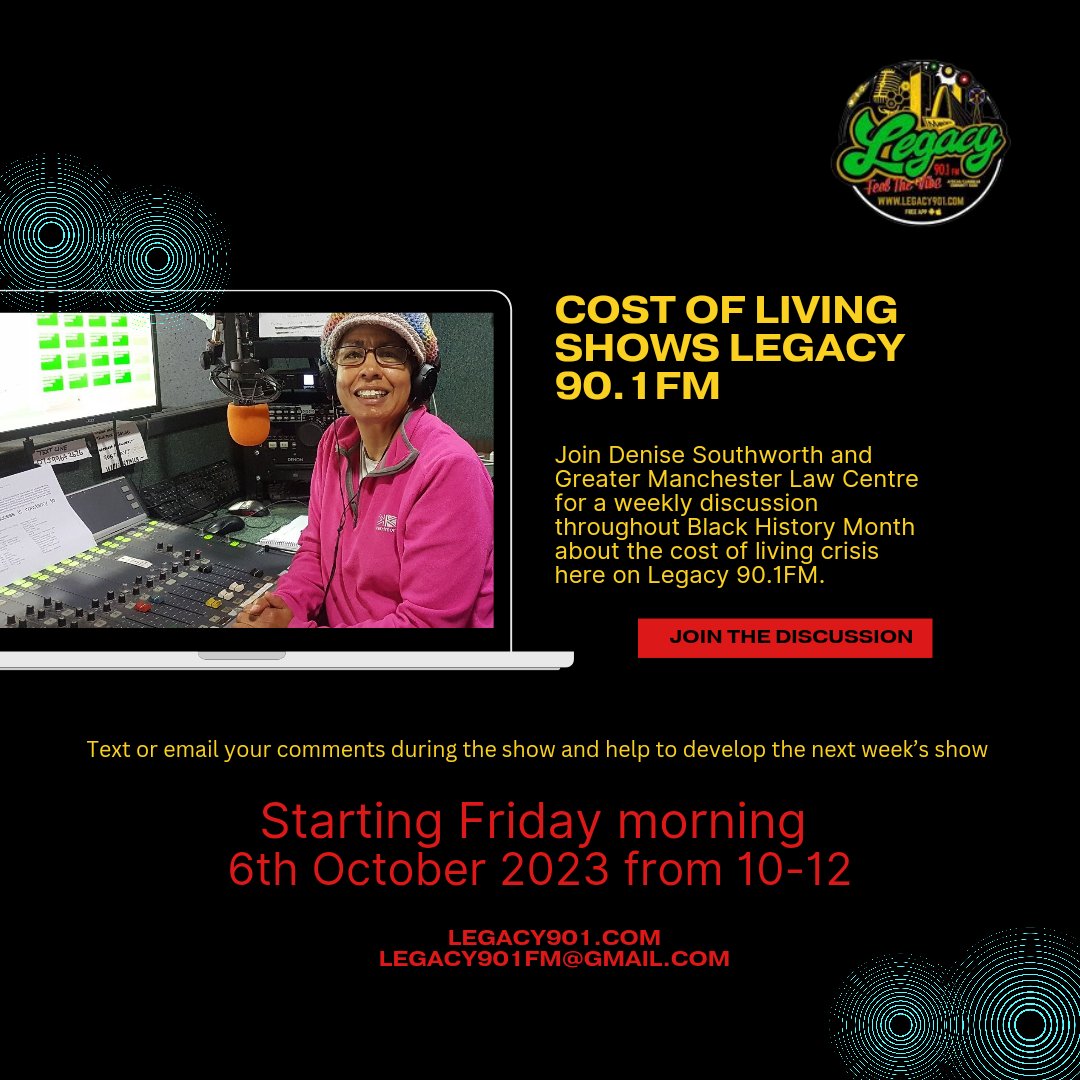 Legacy901FM's tweet image. Join Denise Southworth this Friday morning for the first of our cost of living shows with GM Greater Manchester Law Centre 

Listen and learn how to cope better at this challenging time. 

Text or email your thoughts during the show and help to shape next week&apos;s show 📣