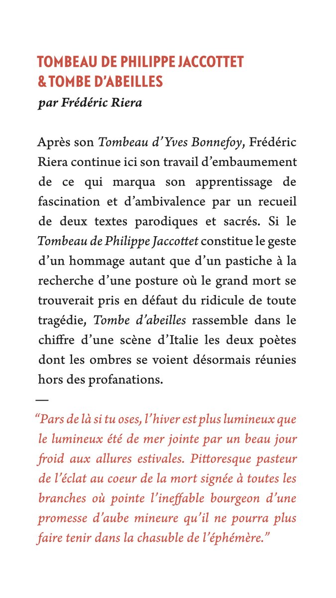 [nouvelle parution aux éditions du lierre]

tombeau de philippe jaccottet 
&amp; tombe d’abeilles

par frédéric riera.

Imprimé à Lyon au troisième trimestre 2023
isbn : 978 2 9558354 5 6
32 p. — 9 €

lelierre.fr/index.php/cata…