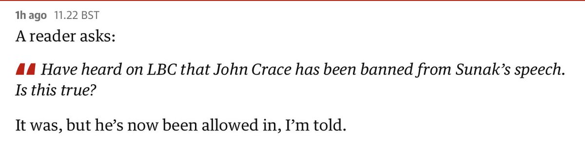More political flipfloppery at the #ConservativeConference  -- apparently <a href="/guardian/">The Guardian</a>'s <a href="/JohnJCrace/">John Crace</a> has been cancelled and then uncancelled, per <a href="/AndrewSparrow/">AndrewSparrow</a>!