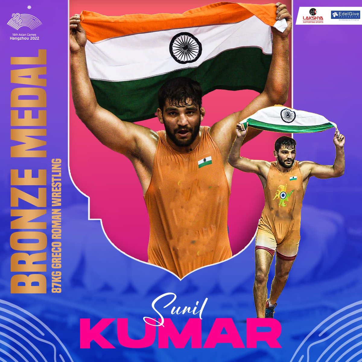 So thrilled that @lakshyasportsin and @EdelGive supported #SunilKumar wins a bronze With this win Sunil ends a 13 year medal drought for #India in Greco Roman at the #AsianGames. @vishalchordia77 @chessgmkunte