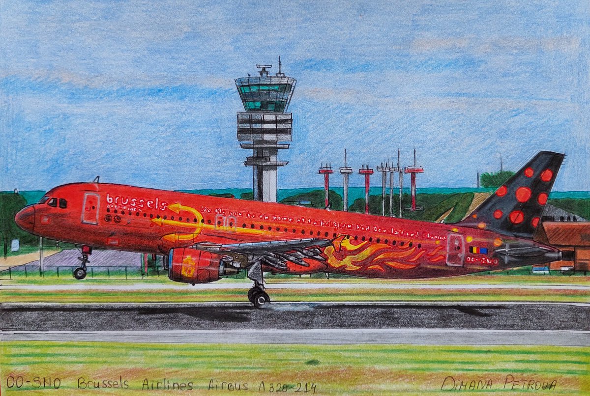 My today's artwork of @FlyingBrussels OO-SNO Airbus A320-214 in the 'Red Devils' livery landing at @BrusselsAirport 🇧🇪🛬🔱
Photo taken by Igor Cybulski. 📸
148x210mm 
#BrusselsAirlines @BelRedDevils #BelgianRedDevils #Belgium #drawing #A320 #Airport #airportlook #WingWednesday