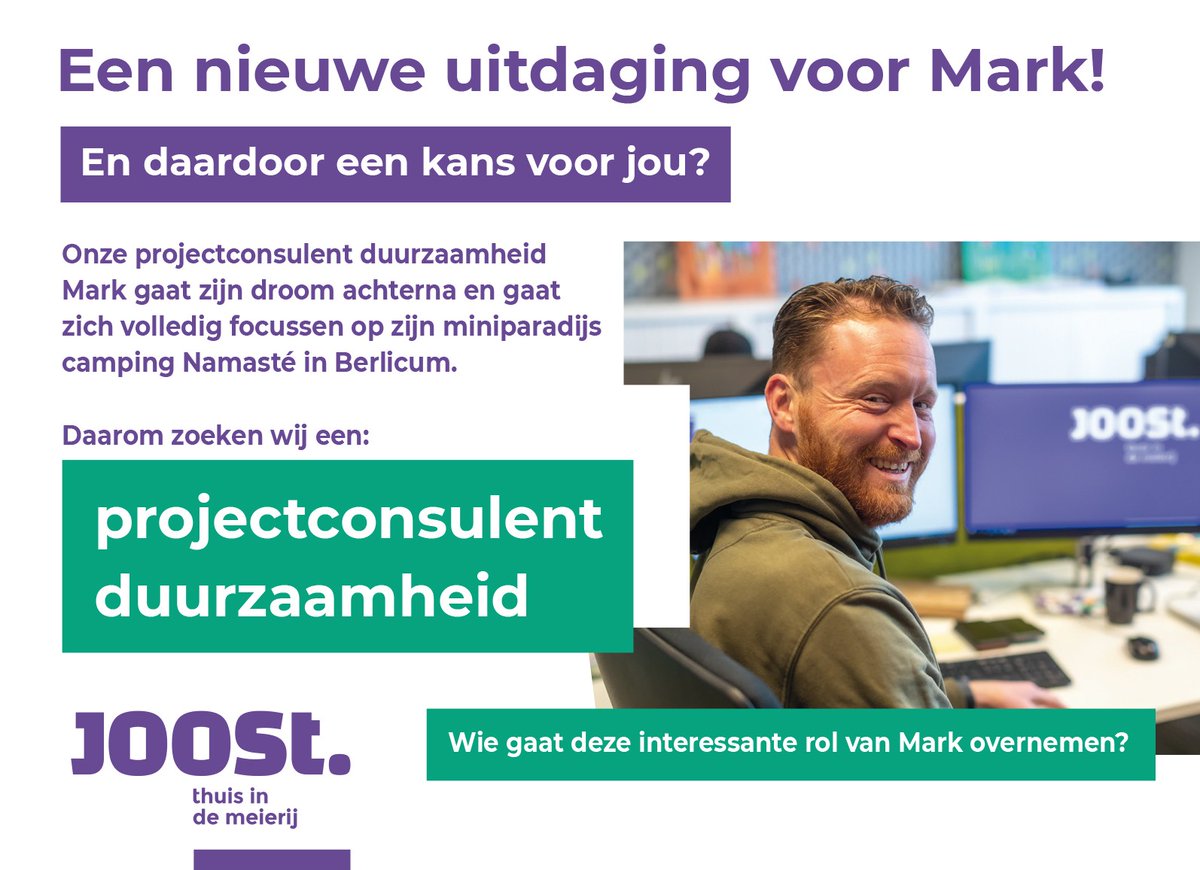 wonenbijJOOST's tweet photo. Mark gaat zijn droom waarmaken met zijn eigen camping Namasté. Een hele mooie kans voor hem! Ga jij zijn rol overnemen en word jij onze nieuwe #projectconsulent #duurzaamheid? https://t.co/MOPCRzcicn  #vacature #werkenbijjoost #alseengoedebuurman #werkenbijdewoco https://t.co/3e1E8kkxcN