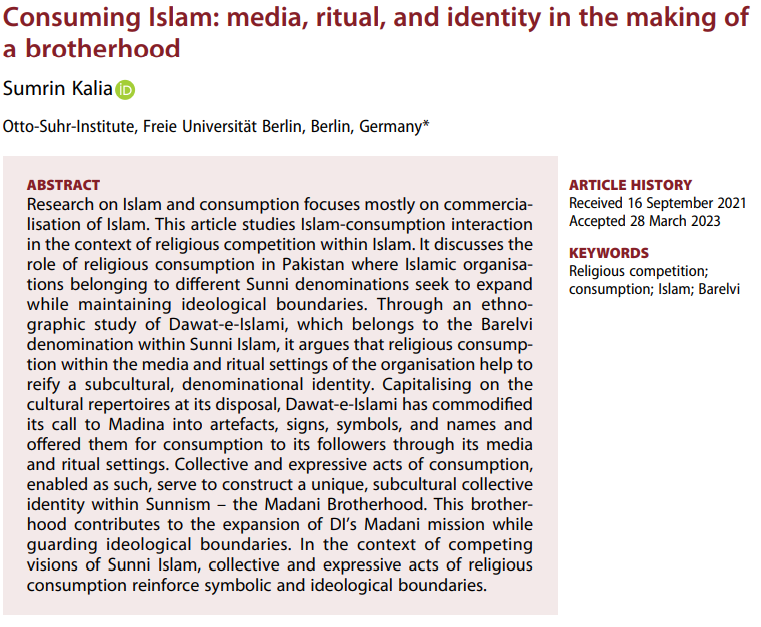 Religion, State & Society Journal (@rssjournal) on Twitter photo In her ethnographic study of Dawat-e-Islami, <a href="/Sumrin/">Sumrin Kalia</a> explores followers' denominational identity is nurtured through media and ritual.
tandfonline.com/doi/full/10.10… In her ethnographic study of Dawat-e-Islami, <a href="/Sumrin/">Sumrin Kalia</a> explores followers' denominational identity is nurtured through media and ritual.
tandfonline.com/doi/full/10.10…
