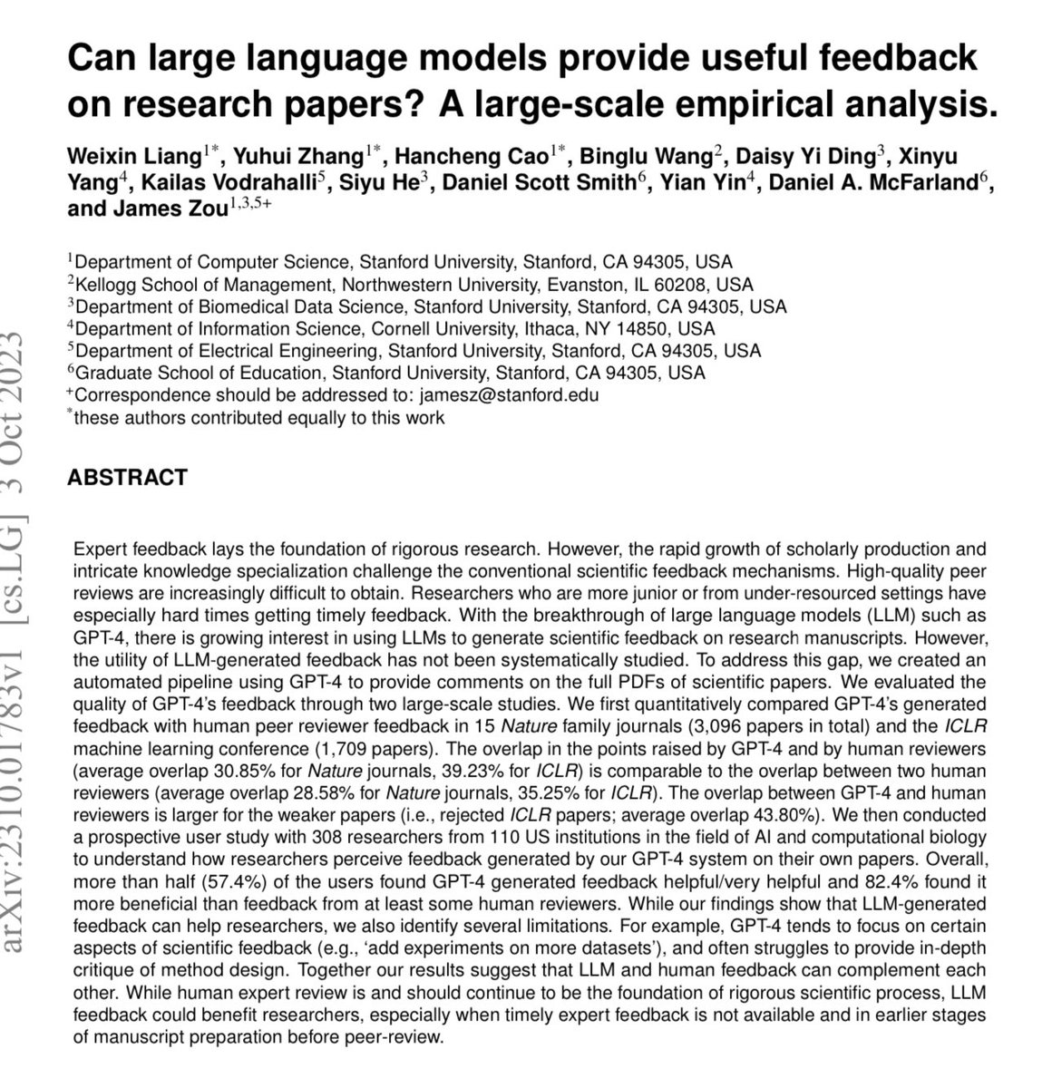 emollick's tweet photo. Fascinating: How good is GPT-4 as a peer reviewer?

A test on 4,800 Nature + ICLR papers finds AI reviewers overlap with human ones as much as humans overlap with with each other

Plus, 57% of authors find them helpful. A flawed but useful tool for authors https://t.co/Y7KqTNhhqm https://t.co/U85qgDQr3w