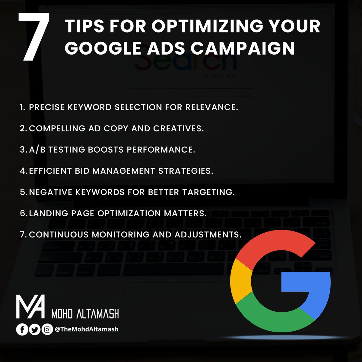 theMohdAltamash's tweet image. Maximize your Google Ads potential! Unlock the secrets to optimizing your campaigns for success. Get the clicks that count and conversions that matter.

#GoogleAdsOptimization #AdvertisingSuccess #DigitalMarketingTips #CampaignExcellence #OnlineAdvertising
