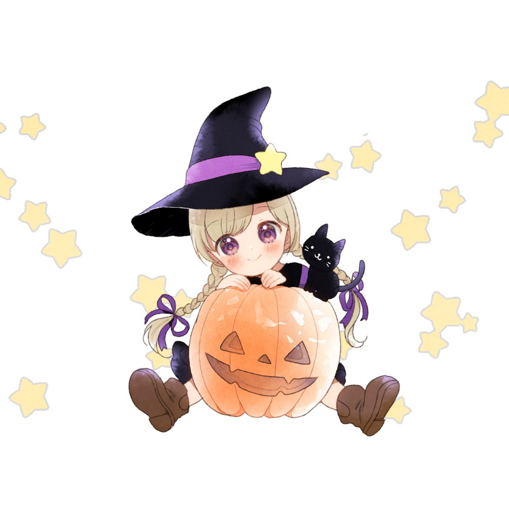 1girl hat witch hat braid twin braids smile cat  illustration images