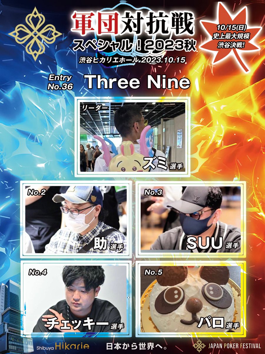 jpf_tw's tweet photo. 5人集めて頂点を目指せ!
「#18 軍団対抗戦スペシャル! 2023秋🍁」
10/15(日)11:00～@渋谷ヒカリエホール✨

▼軍団(チーム)メンバー紹介
／
No.36「Three Nine」
＼
1:ズミ
2:助
3:SUU
4:チェッキー
5:パロ
※敬称略

▼参加軍団(チーム)一覧‼️予約はこちら
https://t.co/lZMIJwZ2vV

最終予約枠募集中⚡️
残り予約チーム数は限りがあります。お早めにご応募ください🙇
#軍団対抗戦