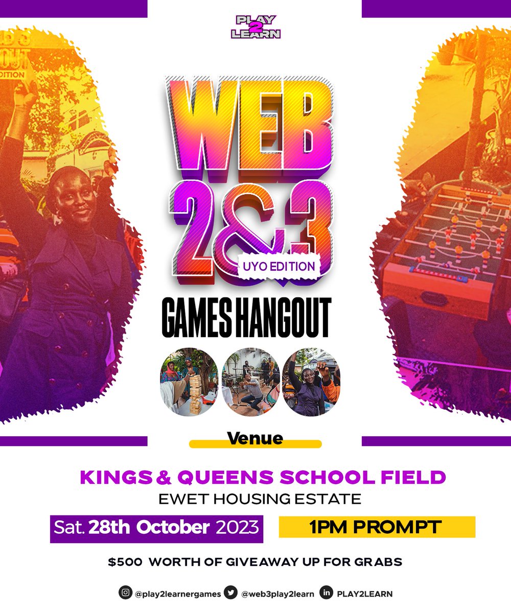 Web3Play2Learn's tweet photo. ATTENTION PLAY2LEARNERS 💜

Please kindly use this link below to make purchase for the WEB2 & WEB3 GAME HANGOUT(Uyo edition) happening on the 28th of October, 2023.

https://t.co/CDukVMhiWw

The countdown has started! Avoid fading this alpha. Games, music, blockchain games, opportunities to meet with idols and originals, pitching possibilities, and giveaways in USDT & Merch are all guaranteed!

#Uyo #Gamehangout #Play2Learnuyo #BlockchainGaming #web3 #Web2