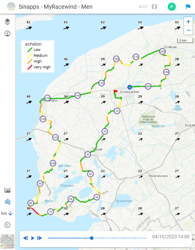 The final big echelon race of the 2023 season!? #Elfstedenrace will be a tough ride today with wind force 5 and many open zones along IJsselmeer in Friesland! The #MyRacewind map shows many high risk echelon zones!
#waaieralarm myracewind.imdcapps.be/racewind-barom…