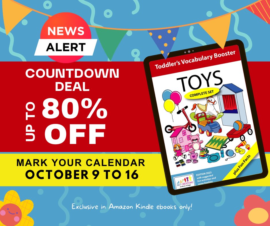 '📚 Don't miss our Kindle Countdown Deal! Get 'Toys' at a special price from October 9 to 16, 2023. Spark learning and fun! 🧸🚀 #KindleDeal #ToddlerBooks'