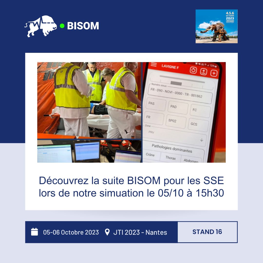 <a href="/BisomHealthCare/">BISOM</a>  sera présent aux #JTI2023 à #Nantes les 5 et 6 Octobre 2023.
L'occasion de découvrir le petit dernier de la grande famille : #BISOMSSE pour les Situations Sanitaires Exceptionnelles.
Venez le tester ce jeudi à 15h30 et sur notre stand
<a href="/SFMU_MS/">SFMU</a> #UrgencesMedicales