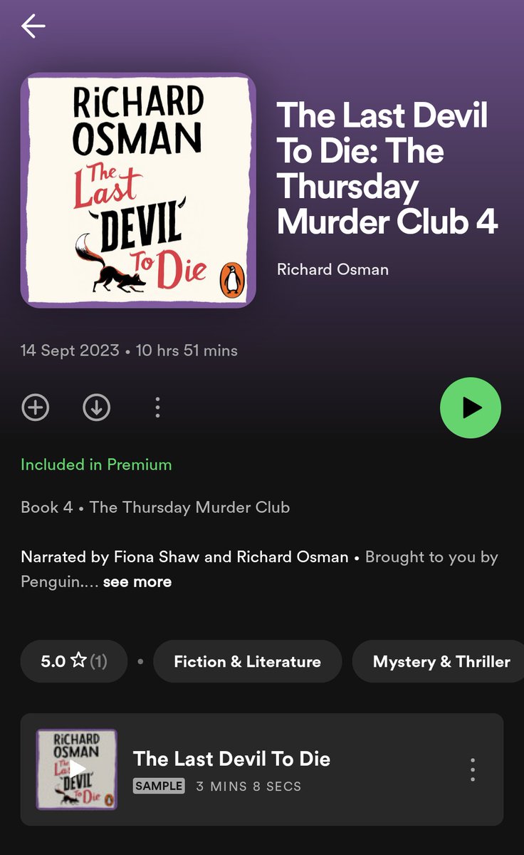 So audiobooks are now included in Spotify Premium and I've spotted they have #TheLastDevilToDie 🎉 I struggle to get into audiobooks but I'm going to give it another go! 🤞