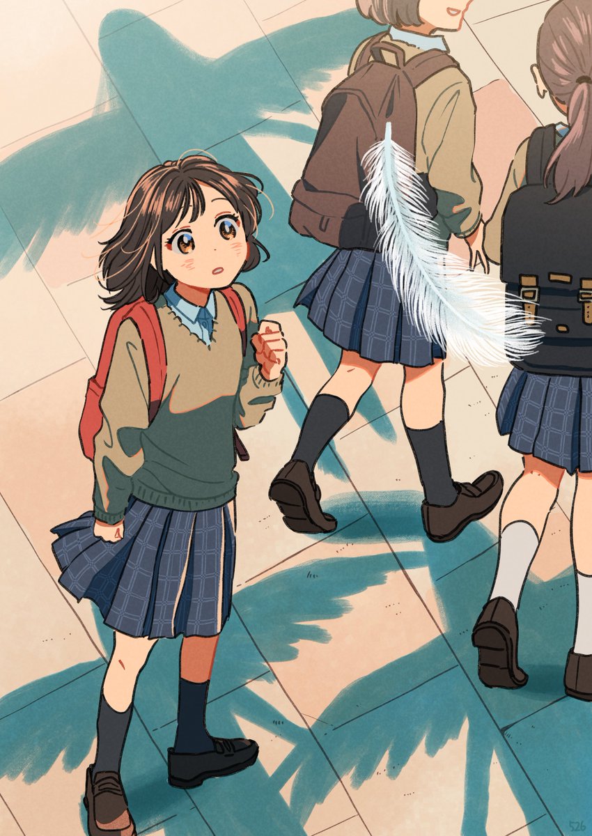 multiple girls 3girls skirt backpack bag shadow brown hair  illustration images