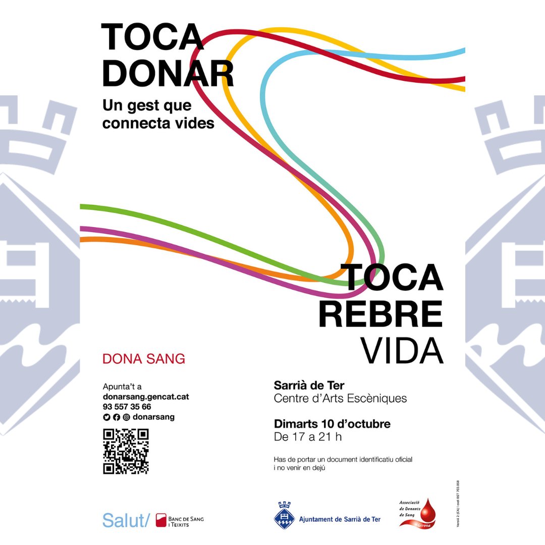 SarriadeTer's tweet photo. 🩸 CAMPANYA DE DONACIÓ DE SANG A SARRIÀ DE TER

📆 Dimarts 10 d'octubre de 17h a 21h

📍 Centre d'Arts Escèniques

📲 Més info a https://t.co/FfVEMl1ztz https://t.co/lS1DxNKHzZ