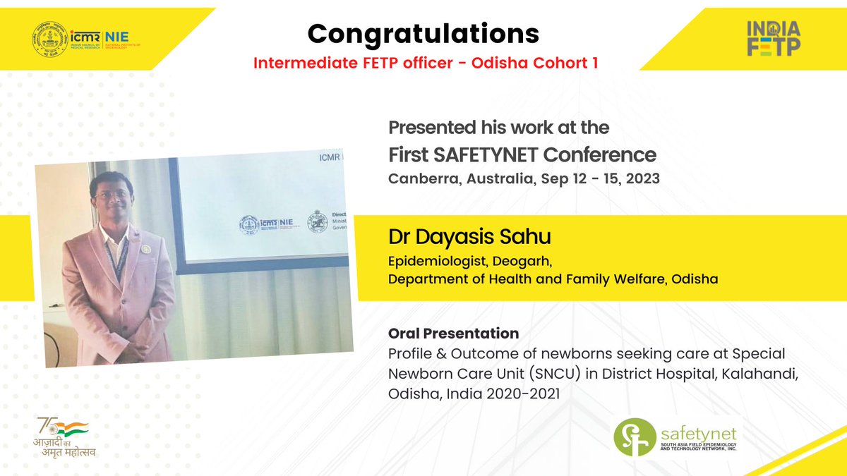 Hats off to our Intermediate #FETP scholar, Dayasis, for an impactful oral presentation at the SAFETYNET conference in Canberra, Australia, which showcased the importance of tracking the indicators in the SNCU portal #IndiaFETP @tephinet @ICMRDELHI @HFWOdisha @US_CDCIndia