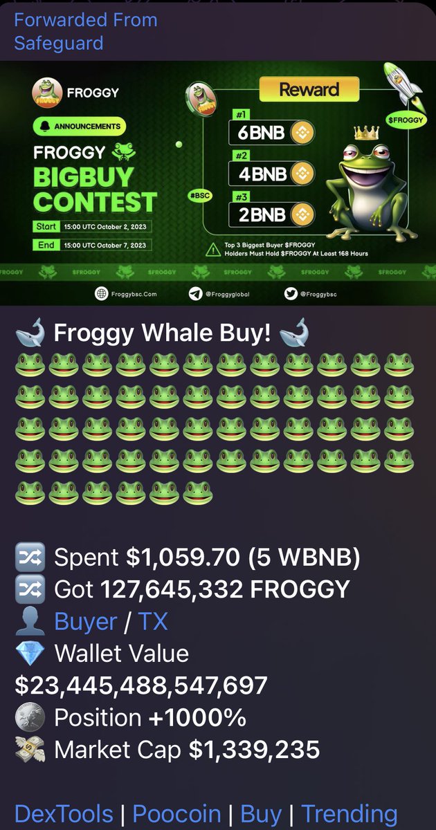 Gems_1000x's tweet photo. $FROGGY 1M Mc as i promised community I will ape 5 beans at 1M mc so yeah aping now. Congratulations to holders what a based team. Next target 5M mc. 

Aped 🫡🫡 

https://t.co/uZRHuF5JVM

https://t.co/9V9mXqrt1v https://t.co/XC3TfJGana