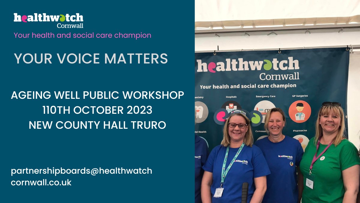 Healthwatch Cornwall (@hwcornwall) on Twitter photo Your voice matters - your opportunity to be part of this new Partnership Board focused on older persons, frailty, ageing well and living well. We want to hear your views and experiences. For more information contact partnershipboards@healthwatchcornwall.co.uk Your voice matters - your opportunity to be part of this new Partnership Board focused on older persons, frailty, ageing well and living well. We want to hear your views and experiences. For more information contact partnershipboards@healthwatchcornwall.co.uk