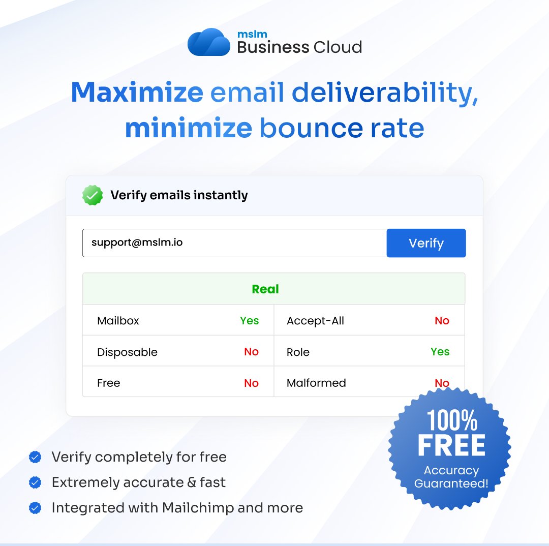 mslm_cloud's tweet photo. Achieving a high level of email deliverability can be tricky. Mslm Business Cloud’s Email Verify brings you a one-stop solution for achieving desired results. 

https://t.co/YdKGZ5Pta0

#mslm #mslmbusinesscloud #emailverify #emailmarketing #ROI #emailverification #emailvalidation https://t.co/o4MZmqKTVb
