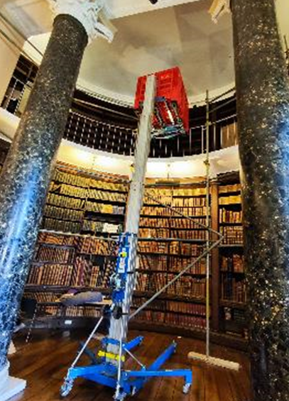 When books need to come down, as part of a big library move, but there's some scaffolding in the way - we always have a cunning plan & a great solution! #librarymove #liftingequipment #transportation #teamwork