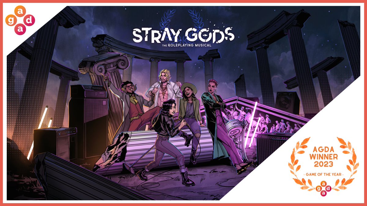 The_AGDAs's tweet image. The #AGDAs23
Game Of The Year 
Goes to...

Stray Gods: The Roleplaying Musical
by @summerfallgames