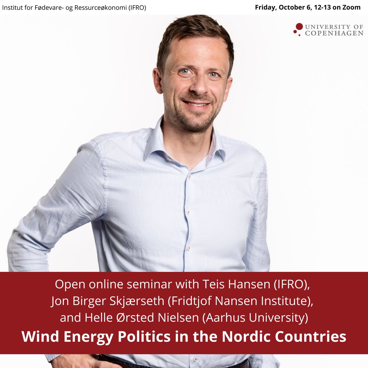IFRO - Department of Food and Resource Economics (@ku_ifro) on Twitter photo This Friday, <a href="/hansen_teis/">Teis Hansen</a> will be joined by <a href="/helle_oersted/">Helle Ørsted</a>, <a href="/AarhusUni/">Aarhus Universitet</a> and Jon Birger Skjærseth, <a href="/FniNansen/">Fridtjof Nansen Institute</a>, for an open online seminar about their joint work on #wind #energy #politics in the Nordic Countries 🍃
Join us from 12 to 13! 👇
🔊tinyurl.com/5ebbff2e This Friday, <a href="/hansen_teis/">Teis Hansen</a> will be joined by <a href="/helle_oersted/">Helle Ørsted</a>, <a href="/AarhusUni/">Aarhus Universitet</a> and Jon Birger Skjærseth, <a href="/FniNansen/">Fridtjof Nansen Institute</a>, for an open online seminar about their joint work on #wind #energy #politics in the Nordic Countries 🍃
Join us from 12 to 13! 👇
🔊tinyurl.com/5ebbff2e