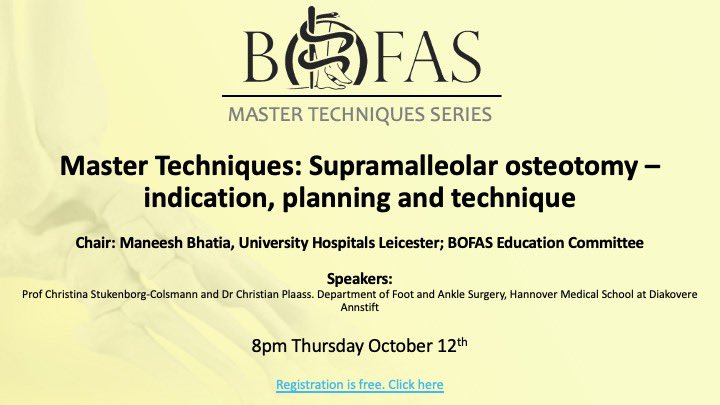 The successful & popular Master Techniques webinar series returns!

*Thursday 12 October, 8pm*

 Supramalleolar osteotomy: indication, planning & technique.

With an expert panel from Hannover, Germany 🇩🇪 

FREE registration:
linktr.ee/bofas

#OrthoEducation #FootAndAnkle
