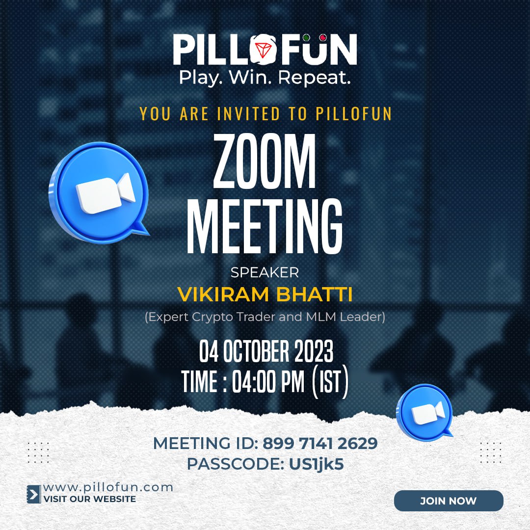 PilloFun's tweet photo. YOU ARE INVITED TO PILLOFUN
ZOOM MEETING
SPEAKER
VIKIRAM BHATTI
(Expert Crypto Trader and MLM Leader)
04 OCTOBER 2023 TIME: 04:00 PM (IST)
MEETING ID: 899 7141 2629 PASSCODE: US1jk5
JOIN NOW
#pillofun #smartcontracts #PancakeSwap #altcoins #cardanocoin #DAILYINCOME #crypto https://t.co/5IavfRW2OO
