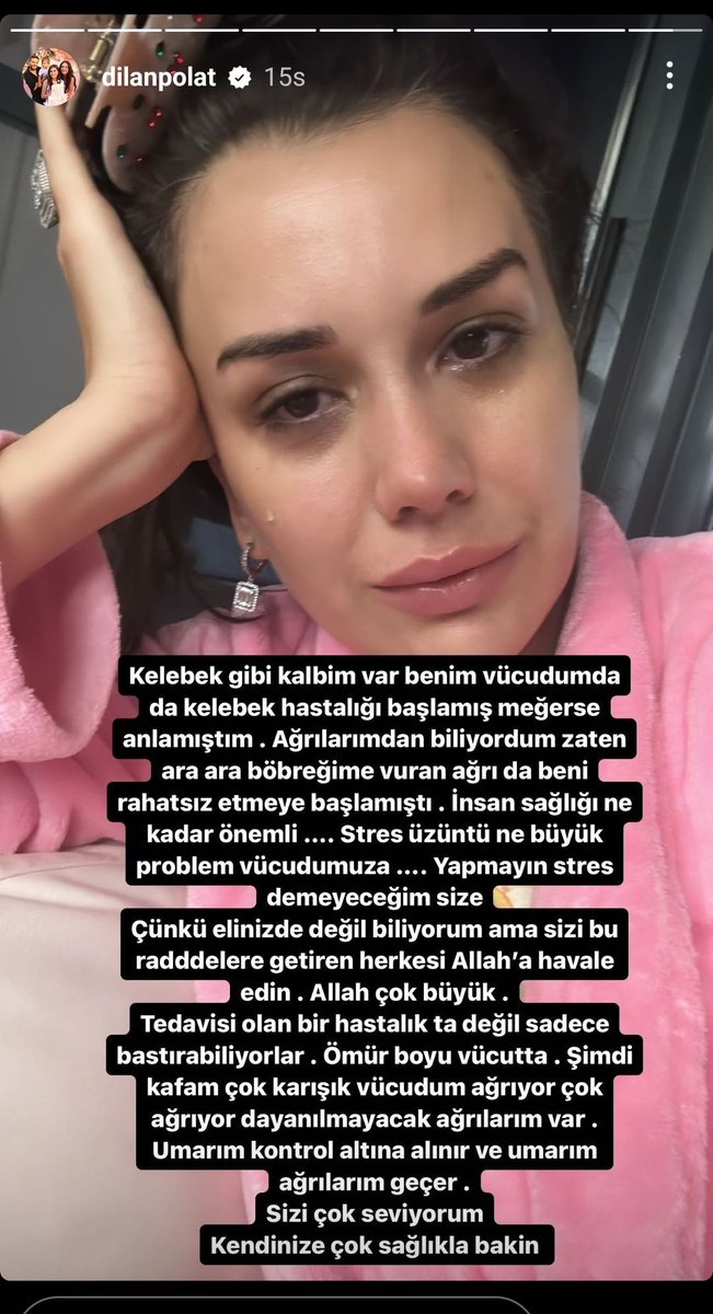 ZamHaberAjans's tweet photo. Dilan Polat tedavisi olmayan bir hastalığa yakalandığını gözyaşları içinde anlattı. 

Son günlerde kara para aklama iddiaları ile gündemden düşmeyen Dilan Polat, son paylaşımında amansız hastalığını duyurdu:

 ''Tedavisi olan bir hastalık değil. Stres ve üzüntü ne büyük problem vücudumuza. Size stres yapmayın diyemeyeceğim, elinizde değil ama sizi bu raddeye getiren herkesi Allah'a havale edin, Allâh büyük" dedi.