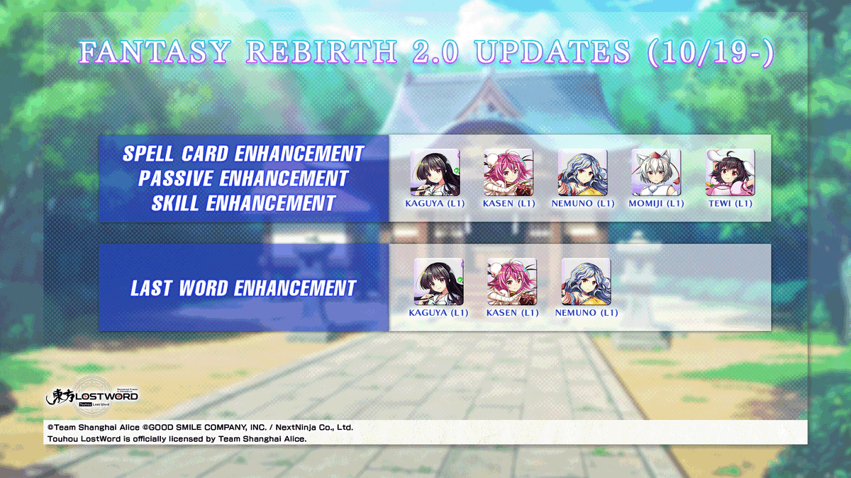 touhouLW_Global's tweet photo. Hi friends,

We've got a bunch of Fantasy Rebirth info to share with you!🤍

Check out the images below to see the new Fantasy Rebirth Costumes, 2.0 Enhancements, &amp; Mirror of Rebirth Stages for October and beyond!👘

Planning to unlock any of them?🔓

#touhouLW https://t.co/1I02QMpaHc