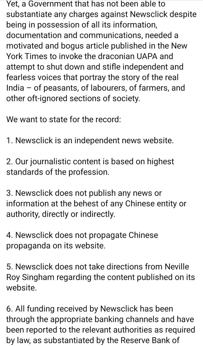 AnyaShankar's tweet photo. Official statement by @newsclickin .
Due process not followed, seizure memos and hash values not provided in most cases. Invoking UAPA an "attempt to shut down and stifle independent and fearless voices..." https://t.co/Od6S7Law5a