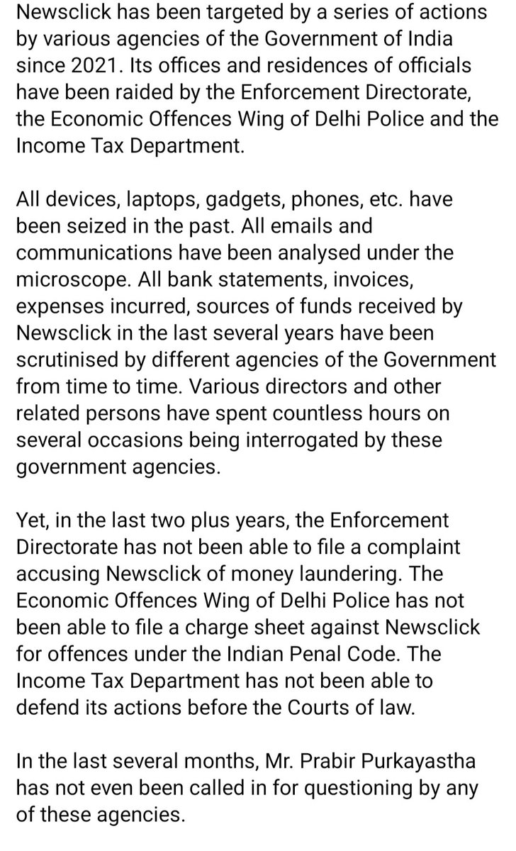 AnyaShankar's tweet photo. Official statement by @newsclickin .
Due process not followed, seizure memos and hash values not provided in most cases. Invoking UAPA an "attempt to shut down and stifle independent and fearless voices..." https://t.co/Od6S7Law5a