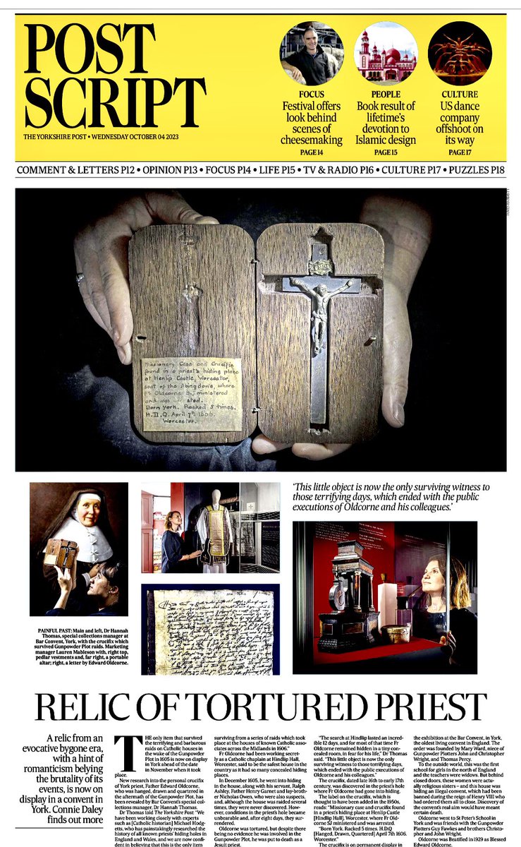 YPinPictures's tweet photo. Today’s #YorkshirePost with cracking coverage from #BarConvent #York @barconventyork new display of the only known item a #Crucifix belonged to York #Priest that survived the raids on Catholic properties following the #Gunpowder Plot @YPinPictures #Yorkshire @JayMitchinson https://t.co/T77apb63X0