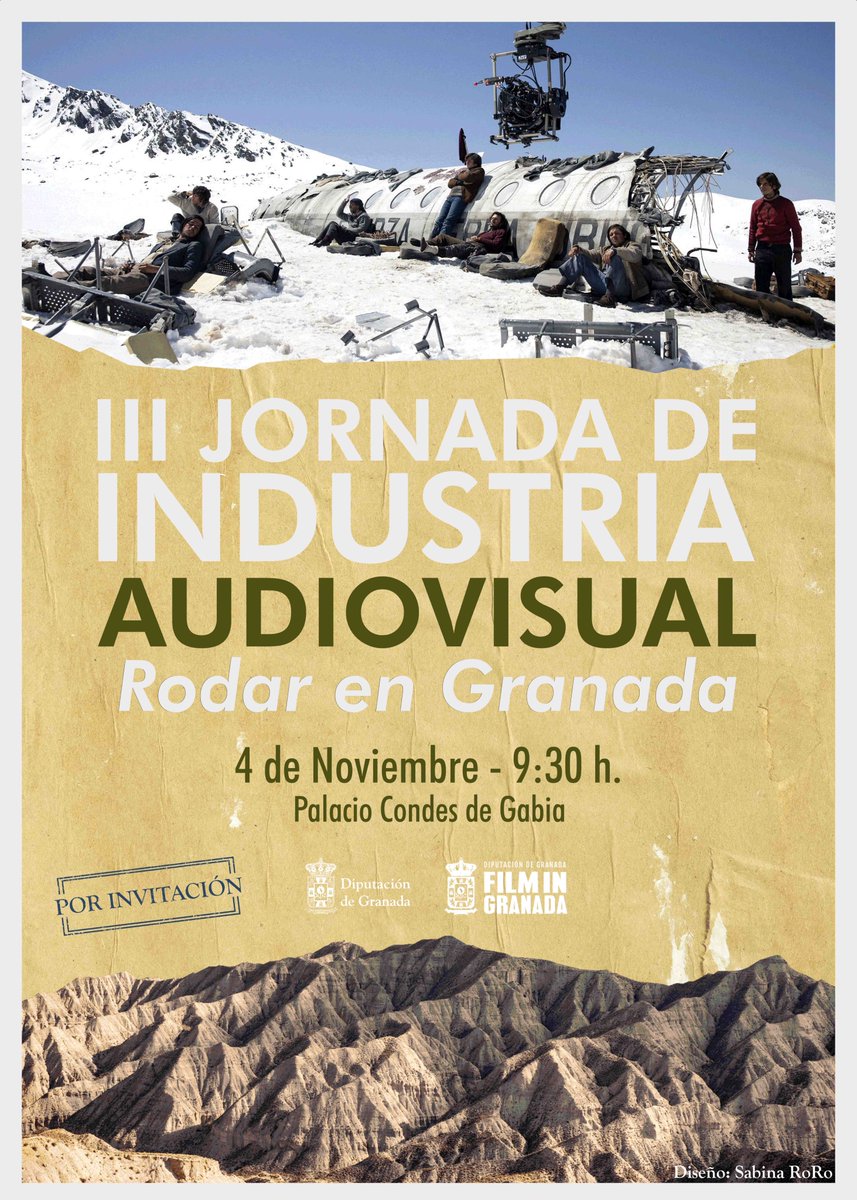 JORNADA! Este es el cartel de nuestra 3ª Jornada de Industria, el encuentro anual del sector audiovisual en #Granada. Con las fotos de #LaSociedadDeLaNieve de <a href="/FilmBayona/">JA Bayona</a>, el mayor rodaje en nuestra provincia y el #DesiertodeGorafe, el set más buscado. Reserva el día. 🎬❤️