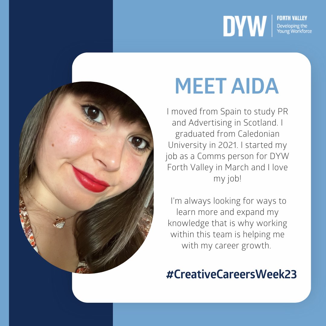 DYW_ForthValley's tweet photo. Hello everyone👋

My name is Aida, and I have been behind the scenes of DYW Forth Valley's social media accounts since March!

Since I was little, I knew I wanted to follow a creative career path, so I moved from Spain to sunny Scotland to try my luck🍀

#CreativeCareersWeek23 https://t.co/Q7WvgZy22o