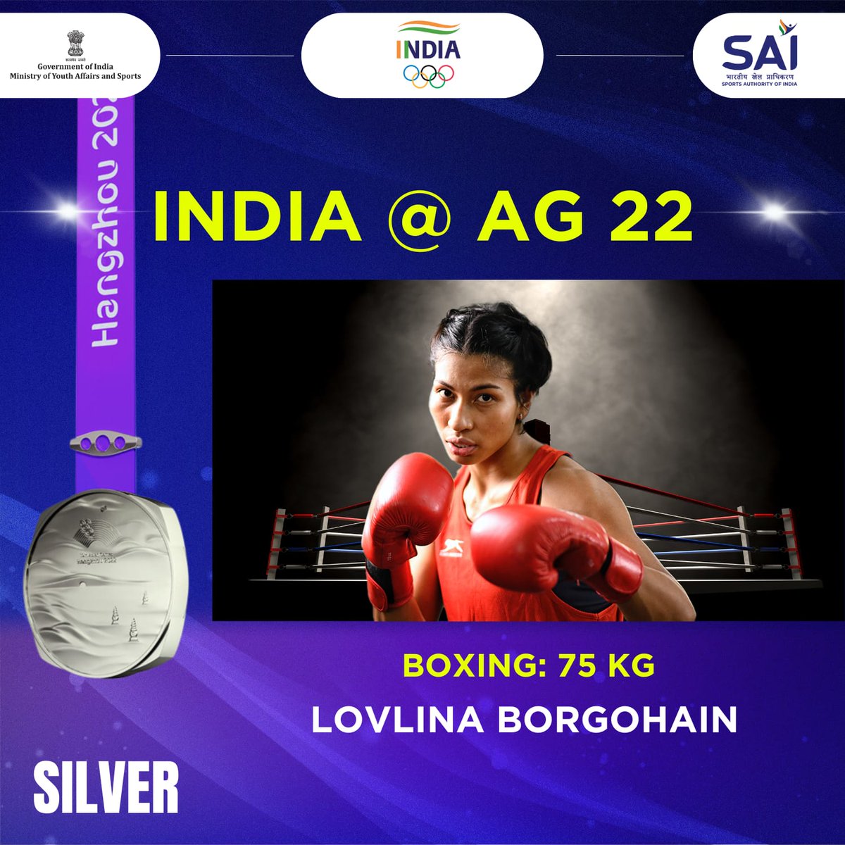 SHINING SILVER🥈 FOR LOVLINA🌟

🇮🇳's Boxer and #TOPSchemeAthlete @LovlinaBorgohai wins the SILVER 🥈medal in the Women's 75 kg category 🇮🇳🏅

Her incredible prowess in the ring shines brighter than ever. Let's give her a thunderous round of applause! 🥳💪

Congratulations,…