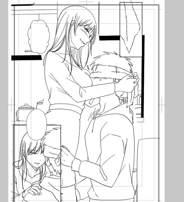 今描いてる同人作品、1Pに3～4コマなのが多くてすごいサクサクページが進んで楽しい…今回大きく描こ～ってやってます。ちなみに目隠し浮気モノです。 