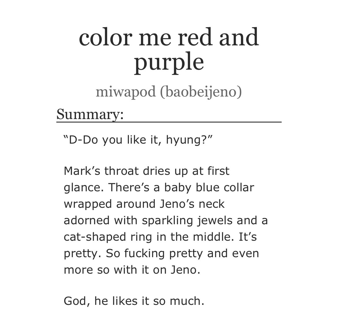[color me red and purple]

• markno
• 3.6k words
• explicit
• archiveofourown.org/works/50556367