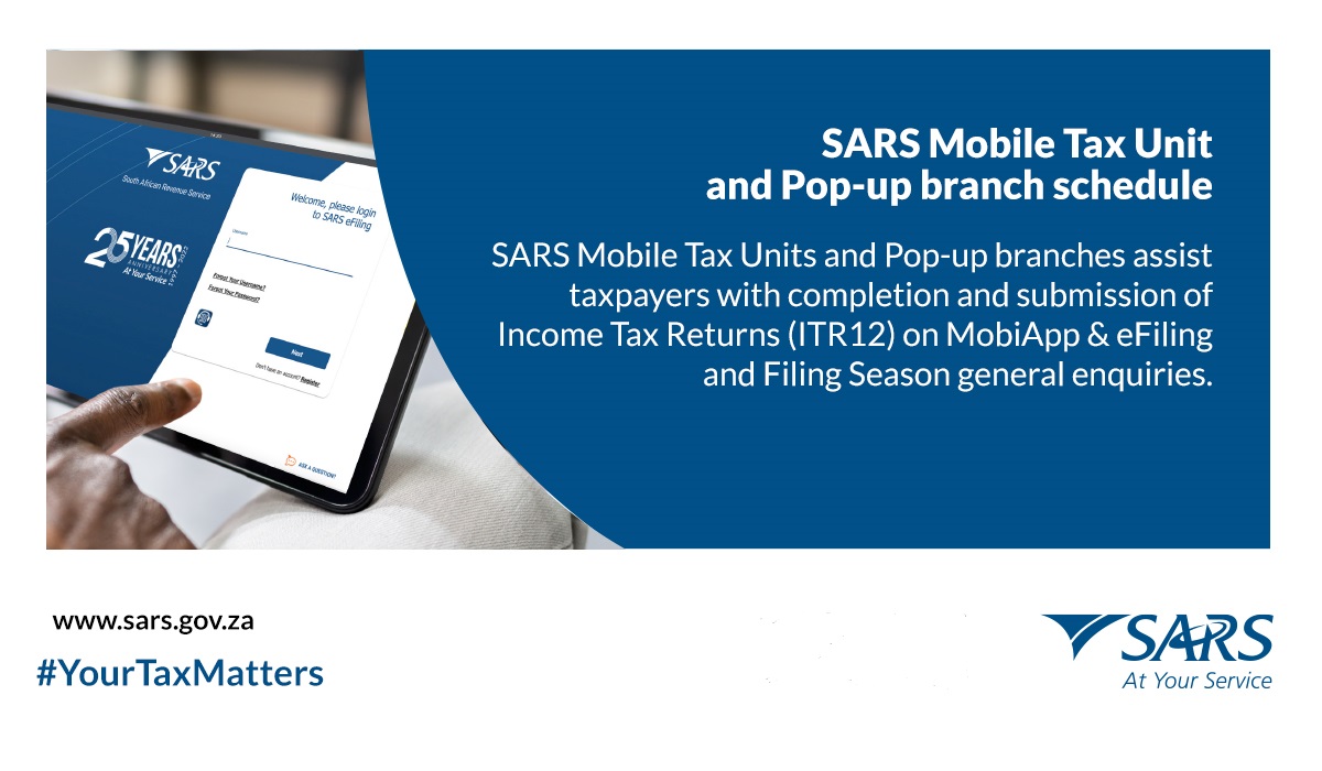 sarstax's tweet photo. SARS Mobile Tax Units and Pop-Up branches
Checkout the latest schedule of SARS Pop-Up branches and Mobile Tax Units available in your region here: https://t.co/5OpdoqF252
#YourTaxMatters #FilingSeason2023 https://t.co/OejWFXLj80