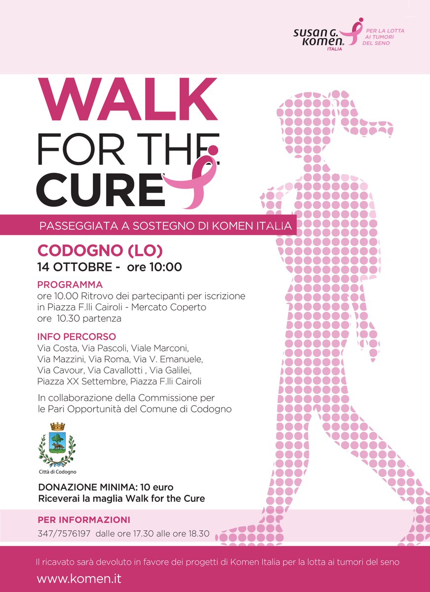 Walk For The CURE - Passeggiata a sostegno di Komen Italia
14 Ottobre 2023 alle 10:00
#codogno #passeggiata #walkforthecure #komenitalia

PROGRAMMA e DETTAGLI:  
comune.codogno.lo.it/vivere-il-comu…