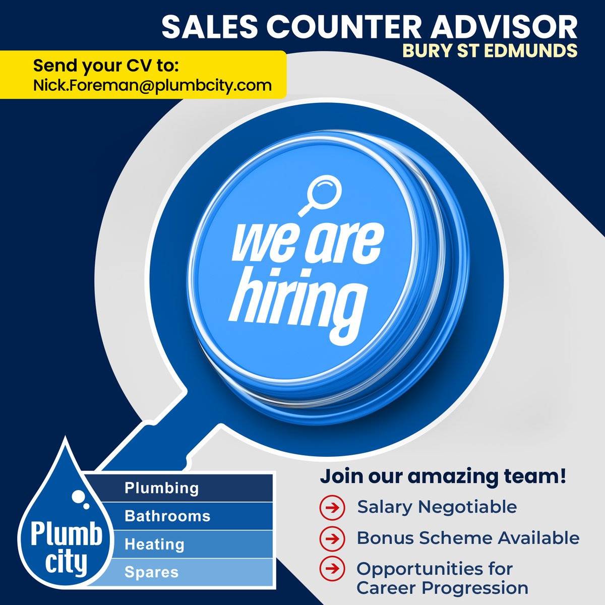 Plumbcity's tweet photo. We're Hiring! SALES COUNTER ADVISOR at Plumbcity Bury St Edmunds. 

Duties will include assisting customers &amp; other positions within the sales counter and warehouse as &amp; when required.  

Please contact Bury St Edmunds manager for more details. email: Nick.Foreman@plumbcity.com https://t.co/MeAX0CcuQm
