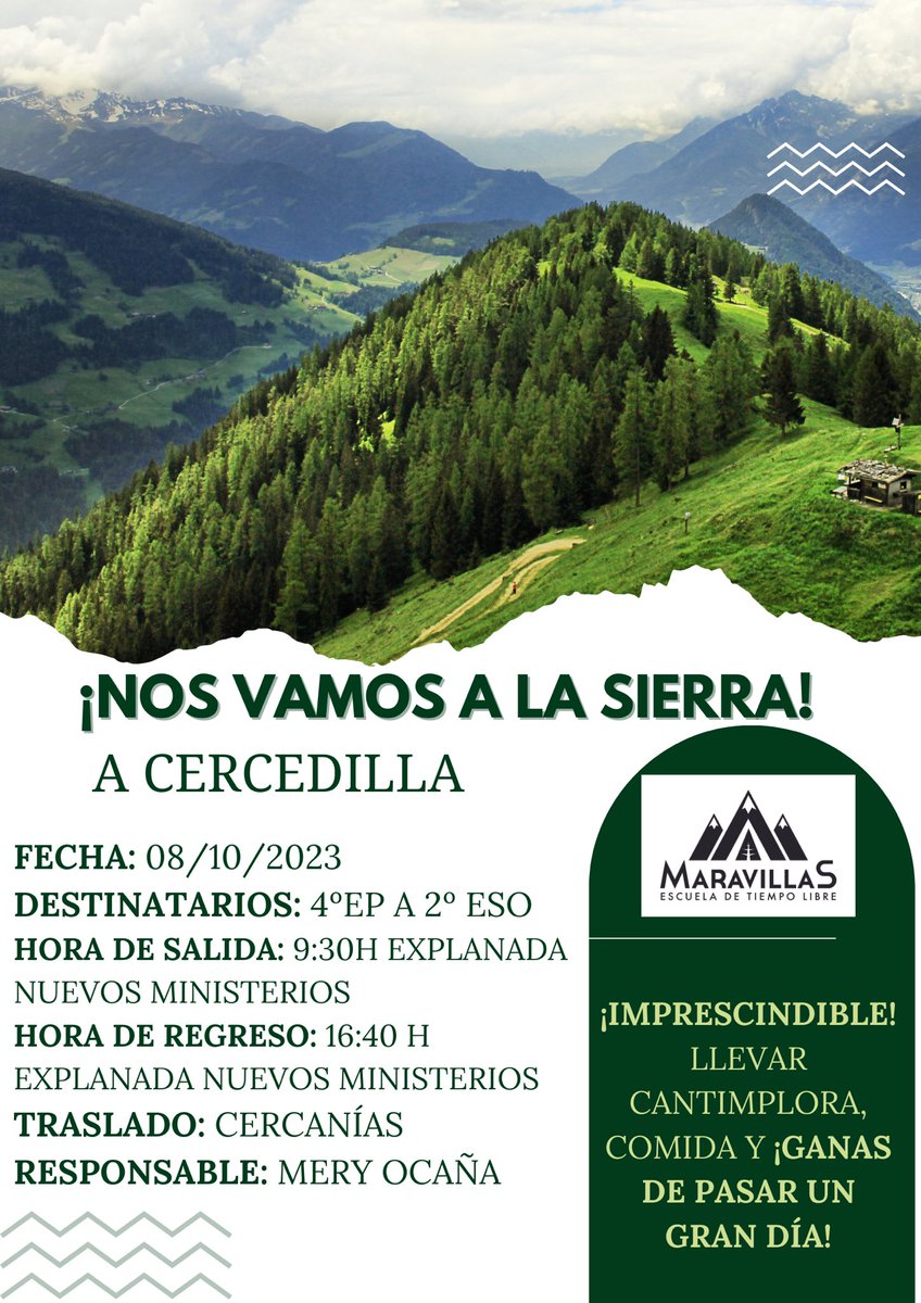 ⛰️NOS VAMOS A LA SIERRA ⛰️
Superamos las 20 plazas, ¡no te quedes sin la tuya!

🗓️ 08/10/2023
📍Cercedilla
👧🏼🧒🏻 4° Primaria - 2° ESO
🎯Monitores ETL, juegos y actividades
🎟️ Inscripciones desde el Área Privada Maravillas

<a href="/lsmaravillas/">Colegio La Salle Maravillas</a> 
<a href="/etlmaravillas/">ETL Maravillas</a> 
#etlmaravillas