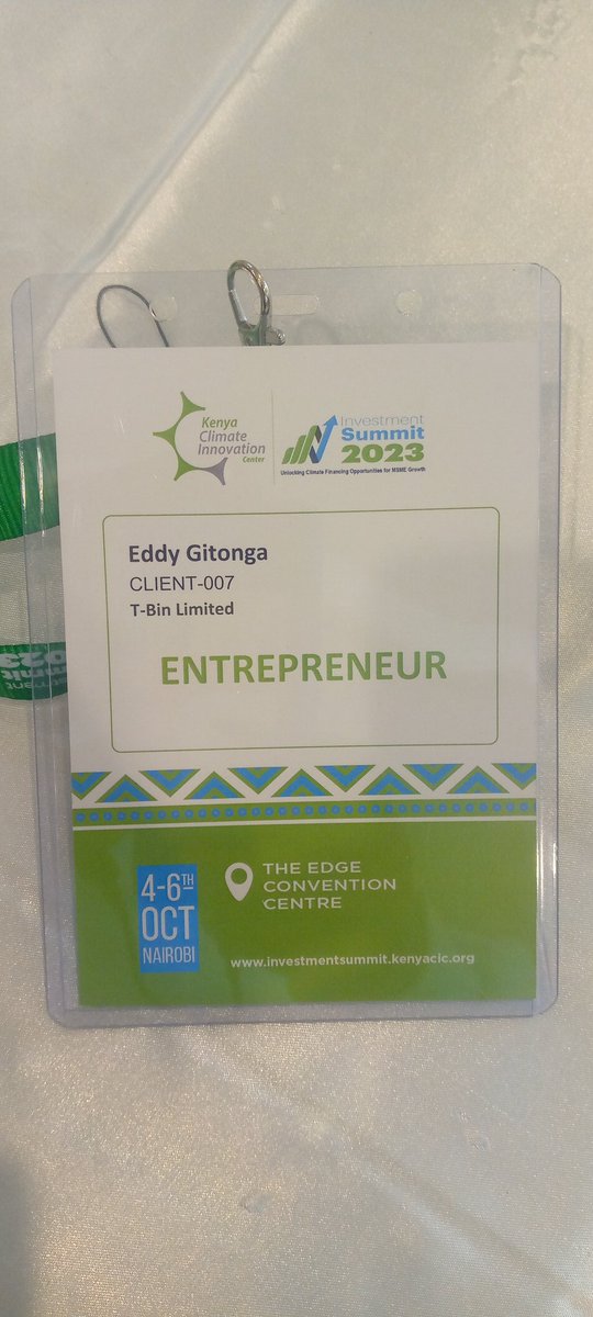 Happy to Attend and Pitch <a href="/Tech_Bin/">The T-Bin</a> at #KCICInvest2023 <a href="/KenyaCIC/">Kenya Climate Innovation Center (KCIC)</a> . 18.3 Trillion Shillings is such a huge pie that entrepreneurs/ start-ups need to grab in a bid to realize greener &amp; cleaner Societies as well as curb the effects of #ClimateChange <a href="/SGitagama/">Stephen Gitagama</a> <a href="/EUinKenya/">European Union In Kenya</a>  <a href="/ntvkenya/">NTV Kenya</a>