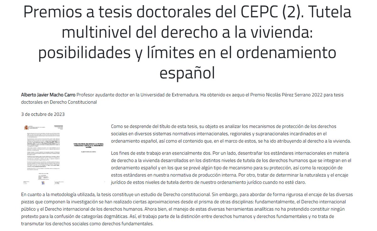 Nueva entrada en el #BlogCEPC "Premios a tesis doctorales del CEPC (2). Tutela multinivel del derecho a la vivienda: posibilidades y límites en el ordenamiento español", de <a href="/AlberMachoCarro/">Alberto</a> #PremioNicolásPérezSerrano
cepc.gob.es/blog/premios-t…